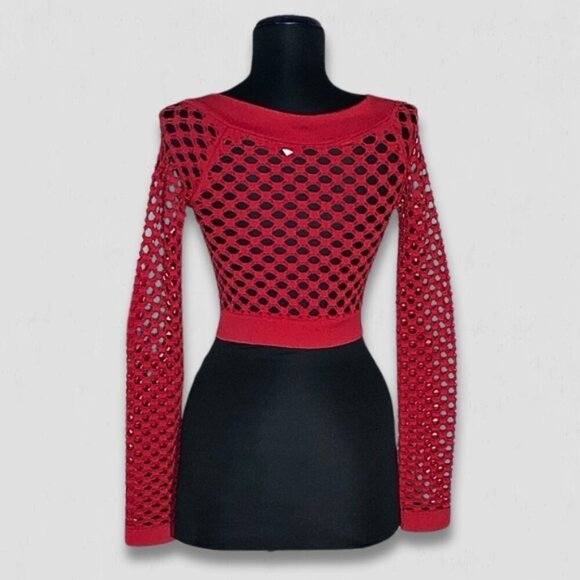 Vintage Red Y2K Mesh Top Fishnet Stretch Long Sleeve Size S M - Picture 2 of 9